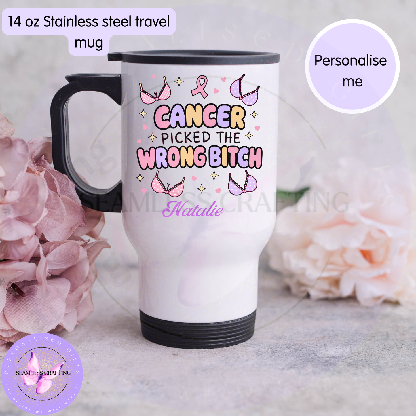 Personalised 14oz stainless steel breast cancer travel mug with black handle and drinking lid