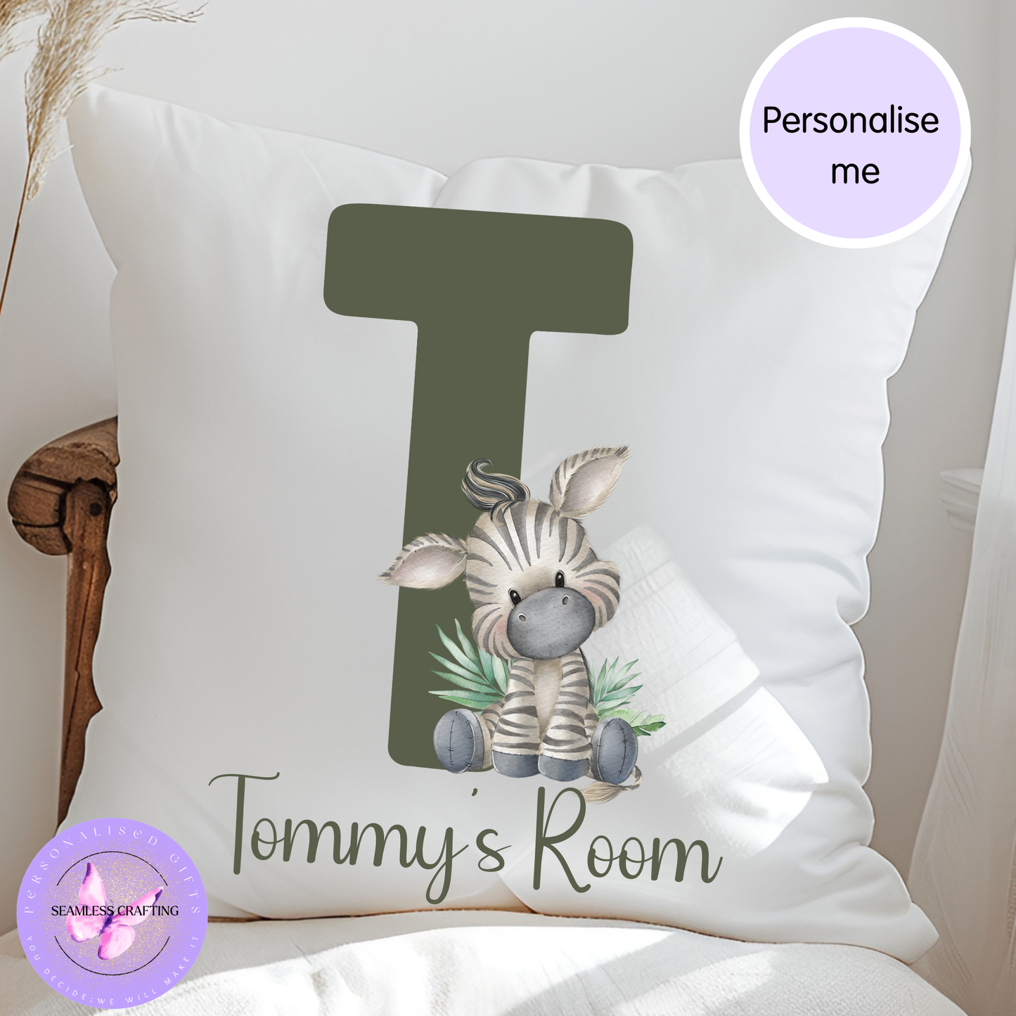 Personalised Alphabet Animal Cushion | Custom Name Initial Cushion | Nursery & Kids Bedroom Decor | 40x40cm Soft Velvet Cushion