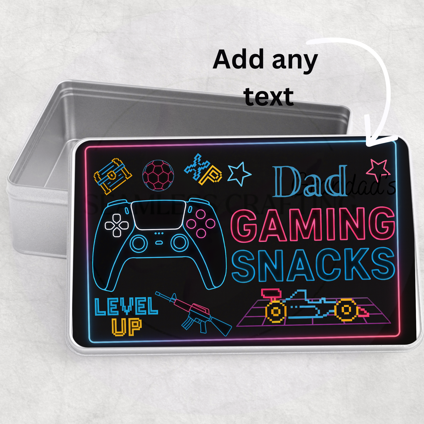 Personalised grandad gaming snacks tin with neon headset gaming artwork