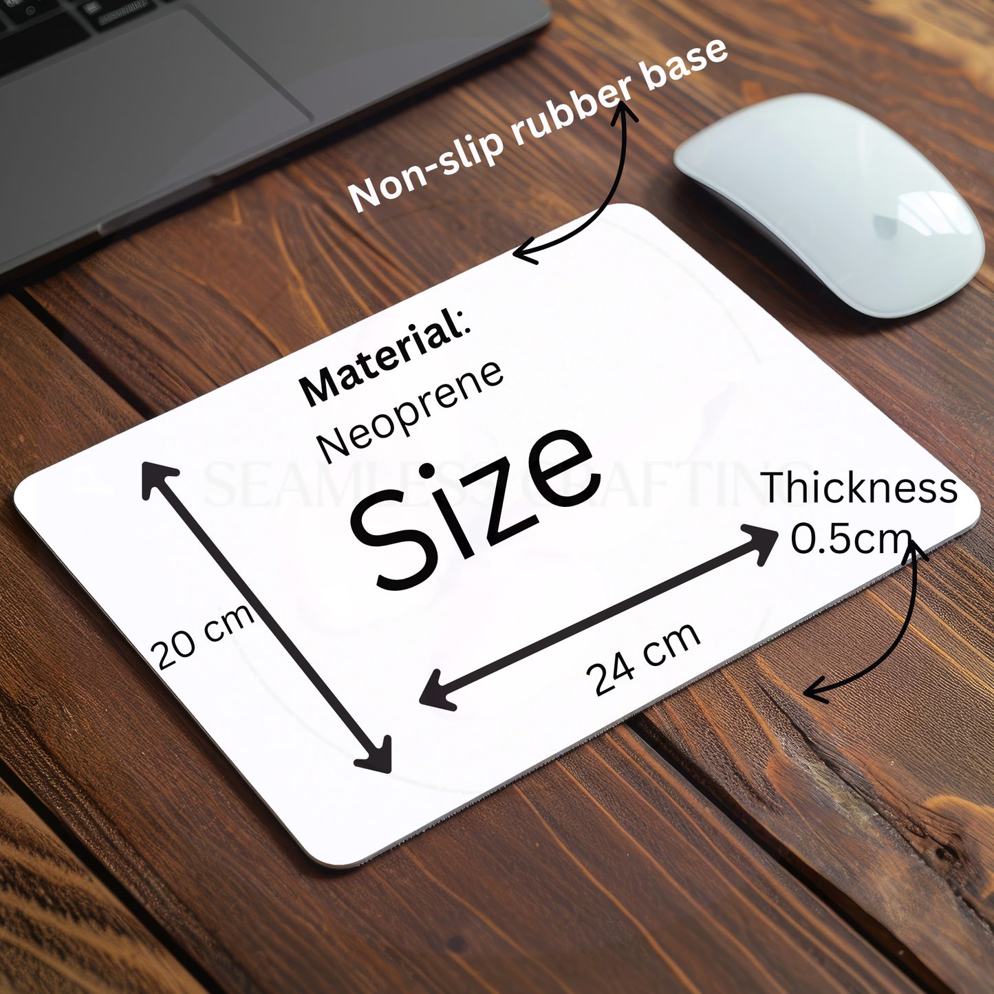 Personalised mouse mat size 24 x 20 cm with 5 mm neoprene and non-slip rubber base
