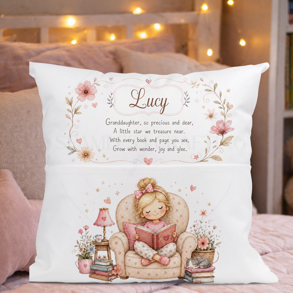Personalised girls book pocket cushion with blonde reading character and custom name