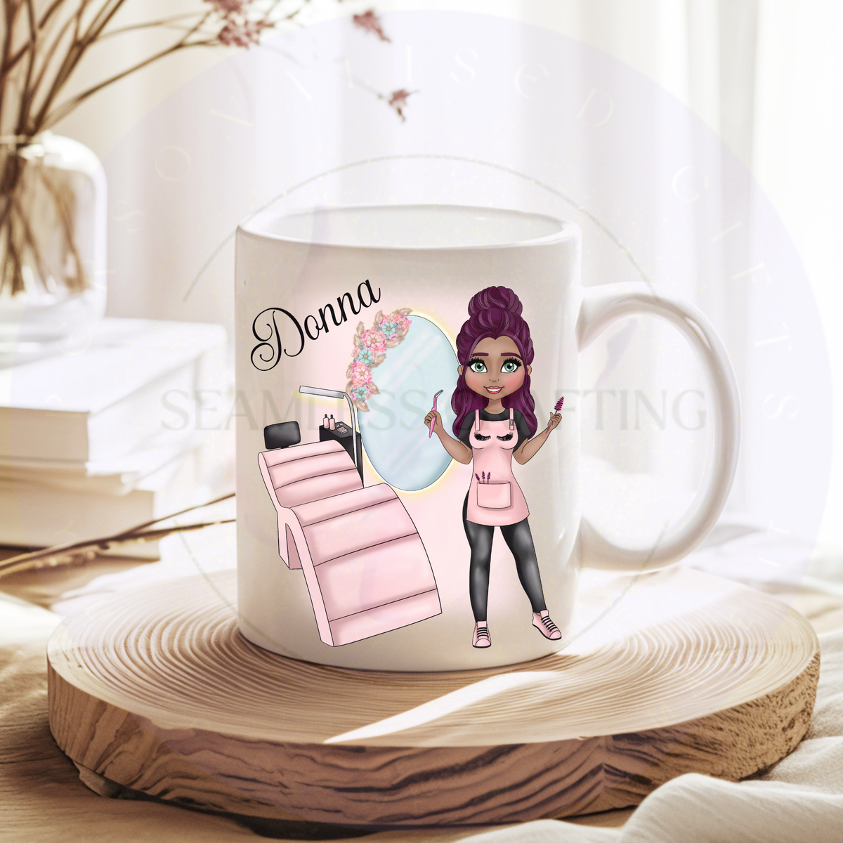 Custom lash artist mug with purple hair character, lash salon chair and personalised name Donna