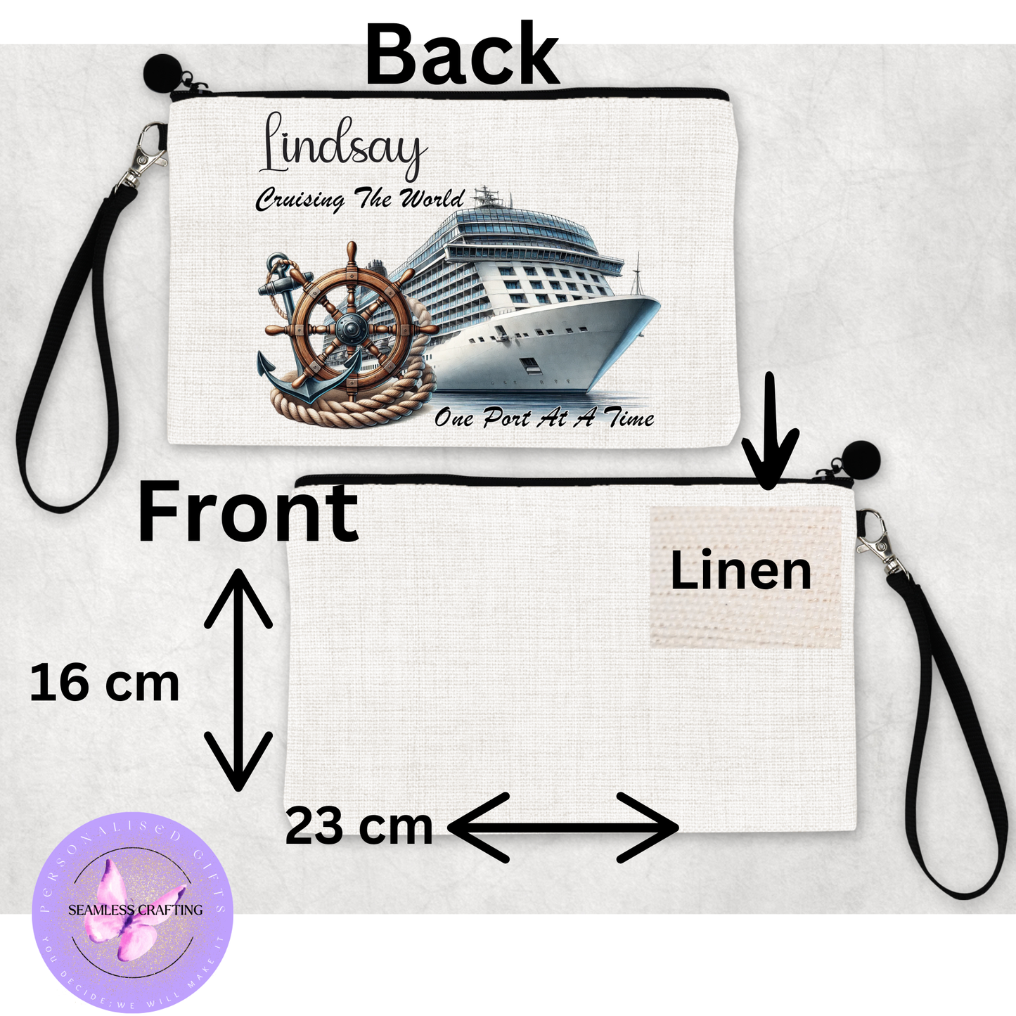 Front view of linen cruise travel pouch measuring 23cm wide and 16cm high with wrist strap attached