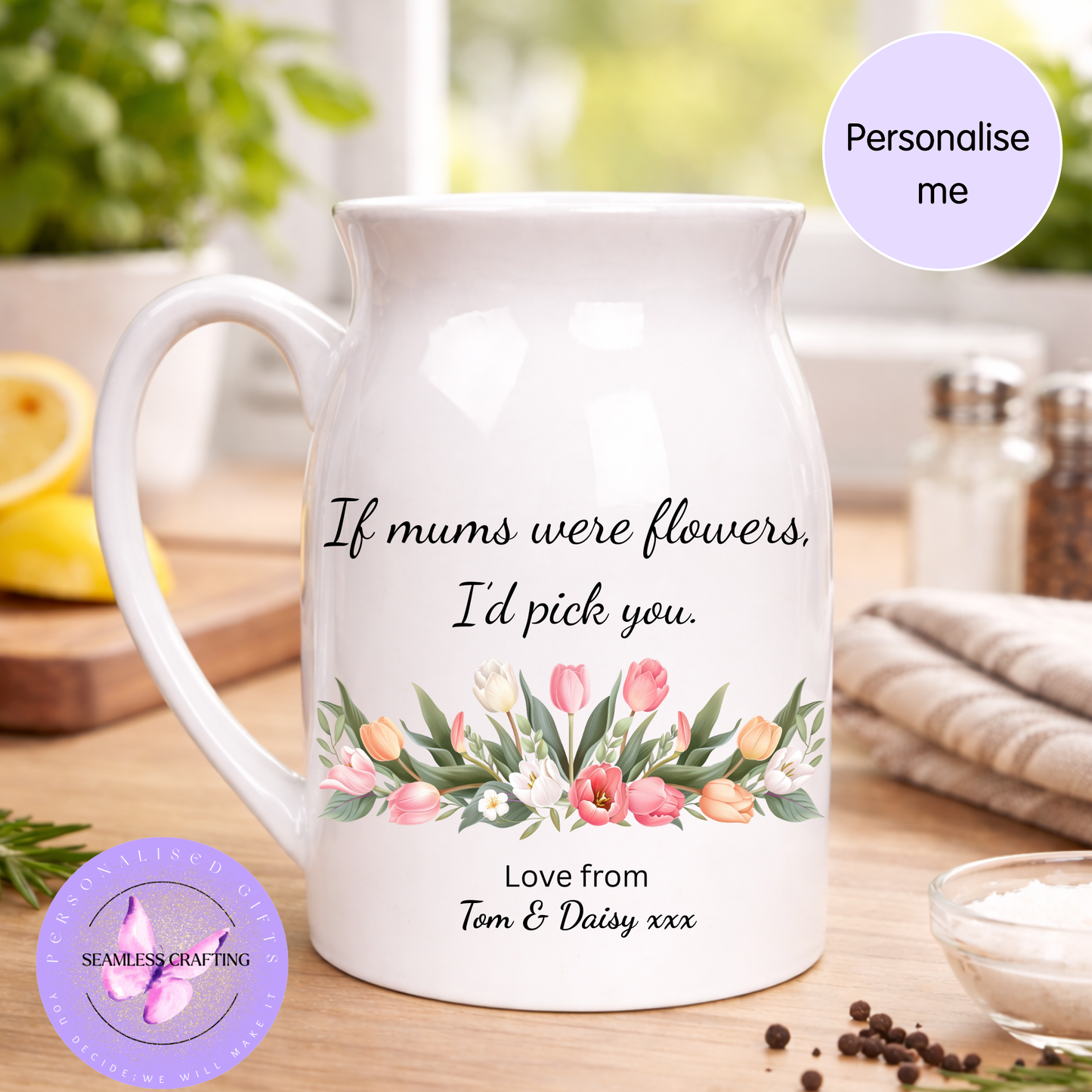 Personalised Flower Jug Gift for Mum | Custom Mother’s Day Jug Vase | “If Mums Were Flowers I’d Pick You” | Personalised Ceramic Jug with Names UK