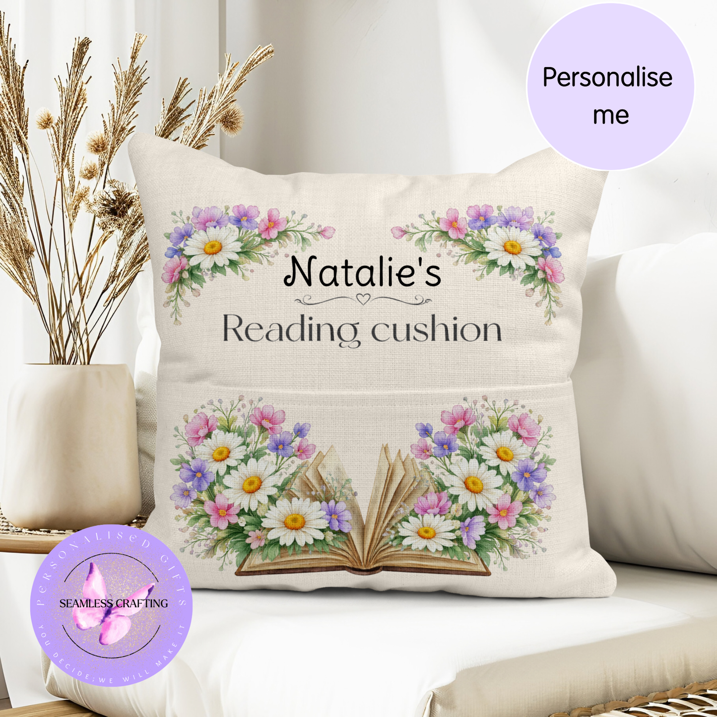 Custom name daisy cushion with pocket, personalised April birth flower reading pillow for home decor