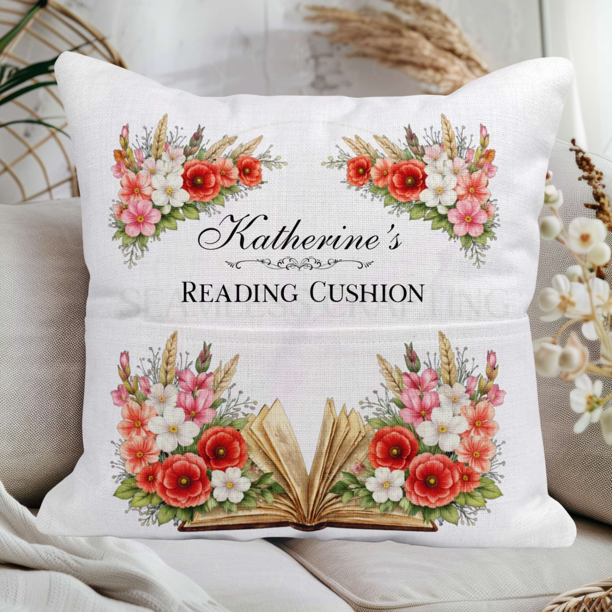 Personalised August birth flower reading cushion 40x40cm featuring poppy and gladiolus design — personalised gift for book lovers born in August
