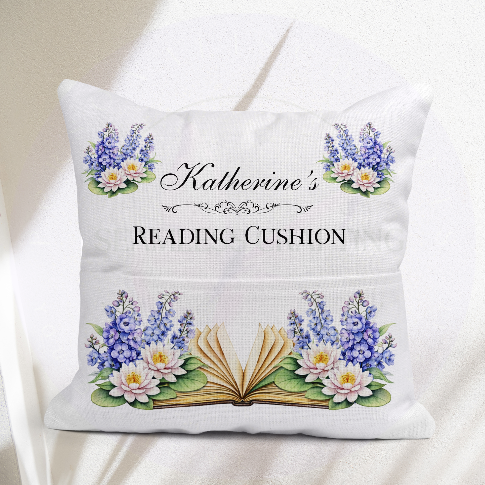 Children’s chair with personalised July reading cushion – book pocket and floral design