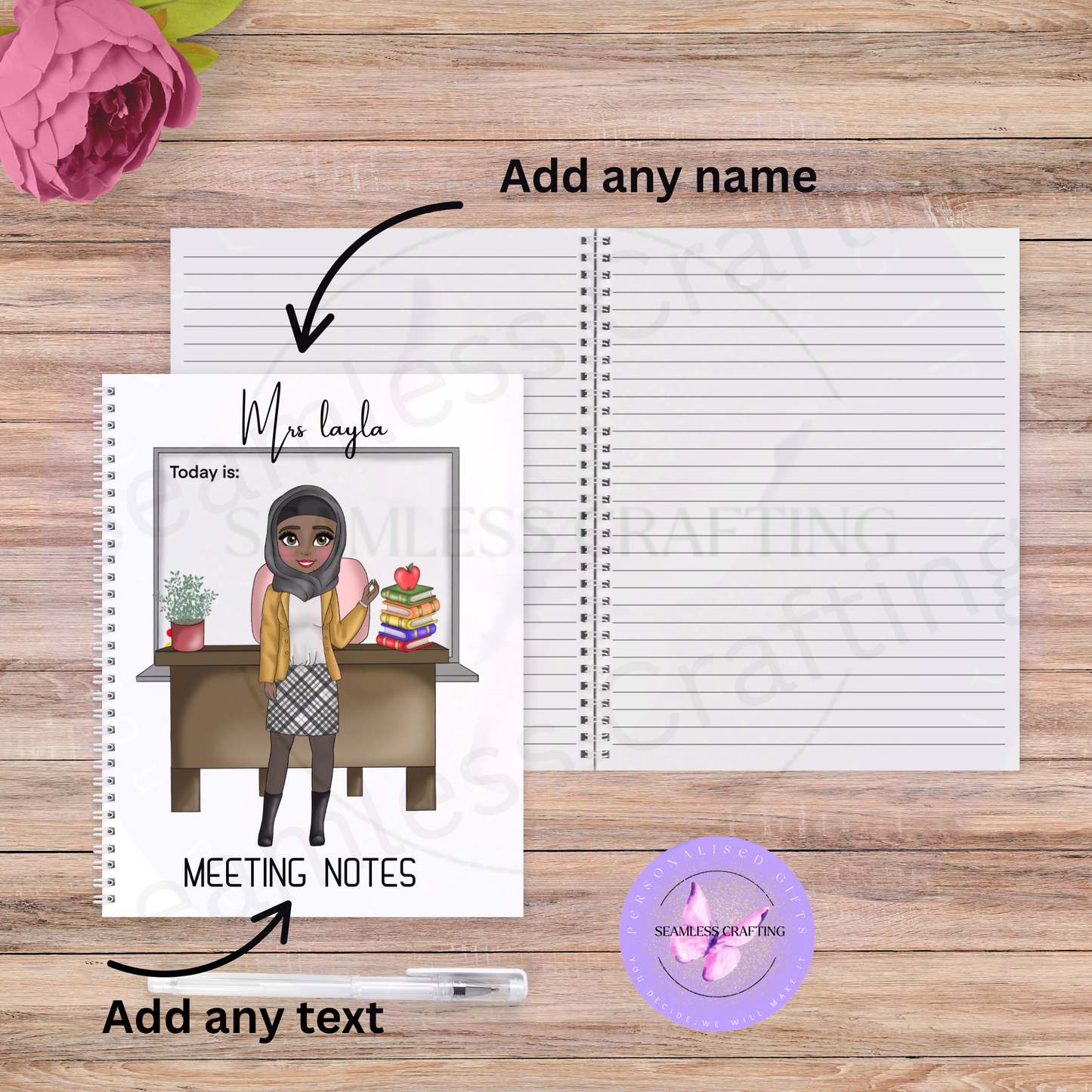 Custom notebook showing add any name and add any text options
