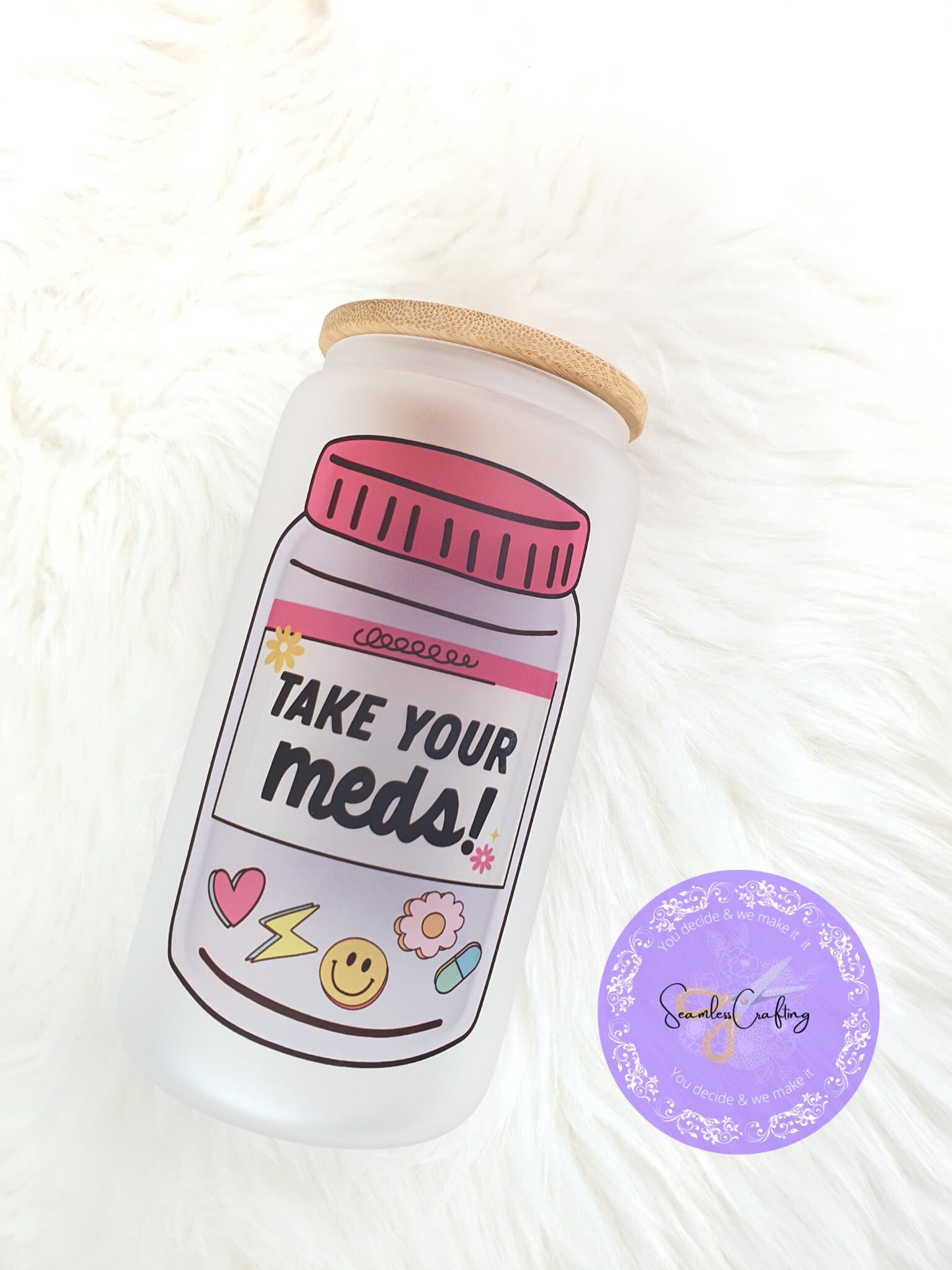Personalised take your meds glass cup, happy pills mug, funny novelty cold coffee, libbey cup, Bamboo lid, Medication reminder