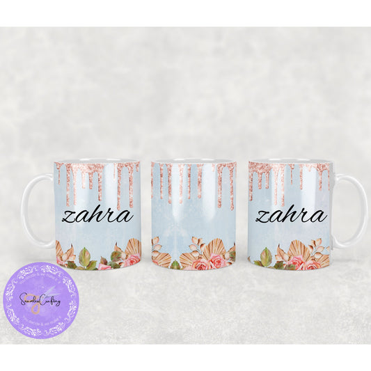 Personalised Arabic Name & English Pink Flower Mug, Custom Mug, Gift for her, Floral coffee Mug, Bride, Present, Friend Eid Gift, Coffee Cup