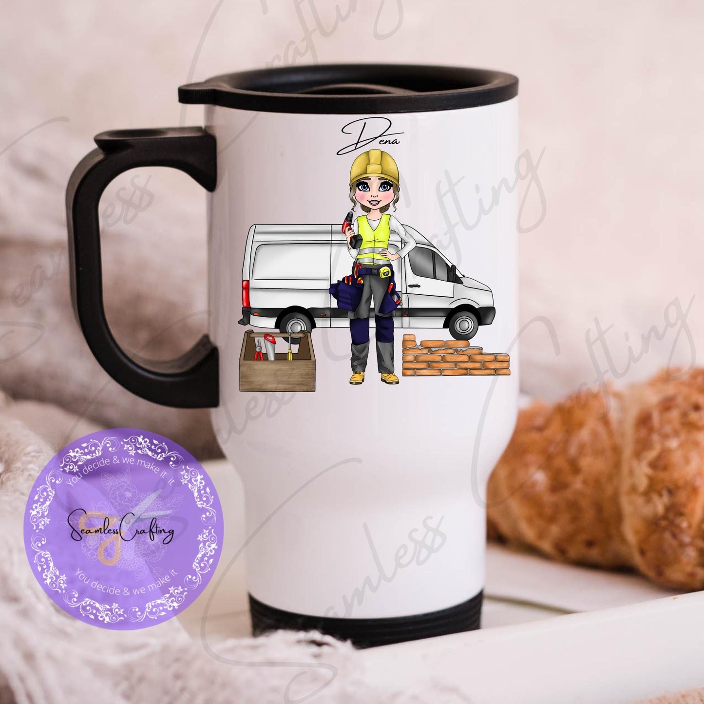 Personalised travel mug builder workwomen, Construction worker Engineer, Handylady contractor Builder, Workwoman joiner yellow pink vest mug