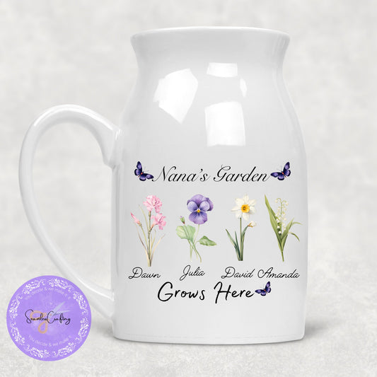Personalised Mum's Nana's garden grows here, Ceramic Jug, Flower vase, Custom Floral names,