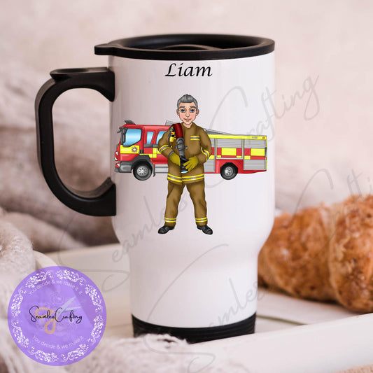 Personalised Male Fire Fighter character gift mug, Fireman travel mug,  Insulated Stainless Steel Cup, Gift for him, Rescue Services