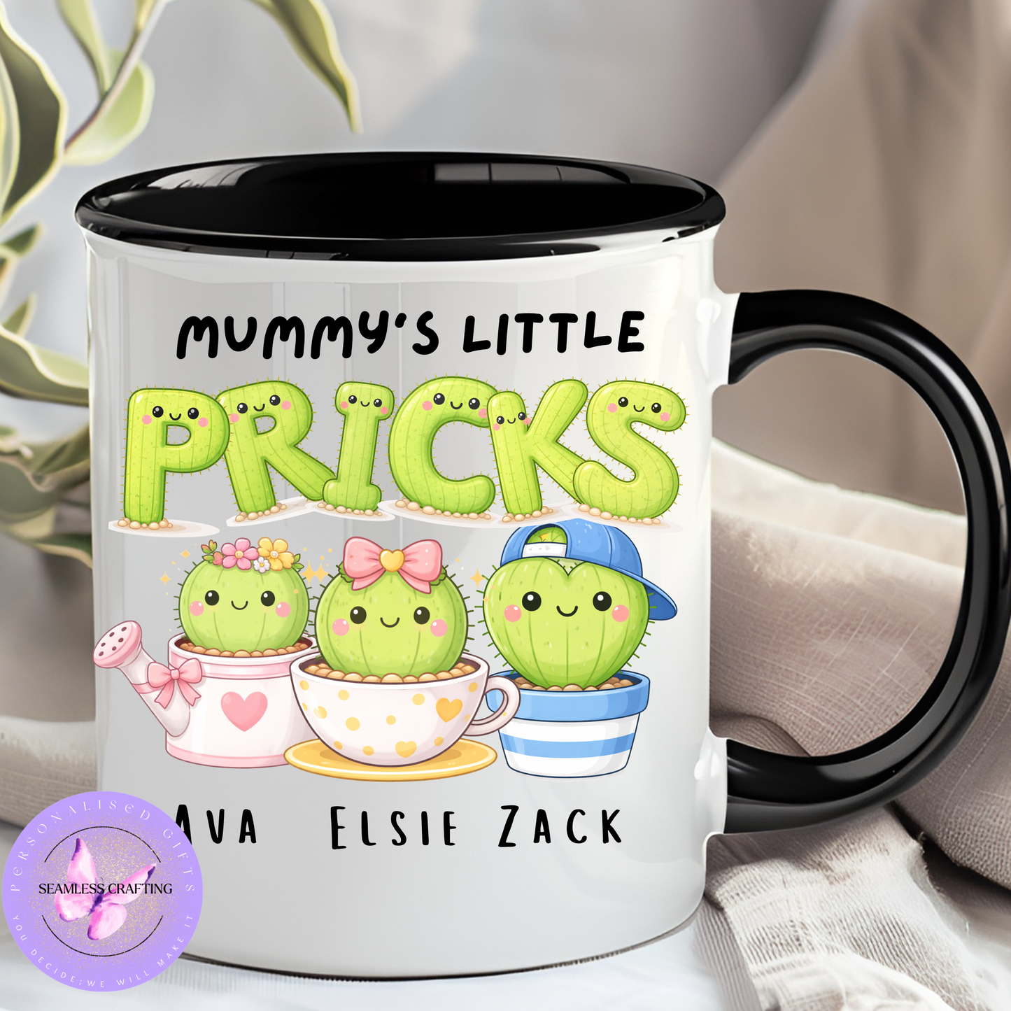 Personalised “Mummy’s Little Pricks” Mug – Custom Cactus Family Coffee Cup – Funny Gift for Mum – Mother’s Day Present UK
