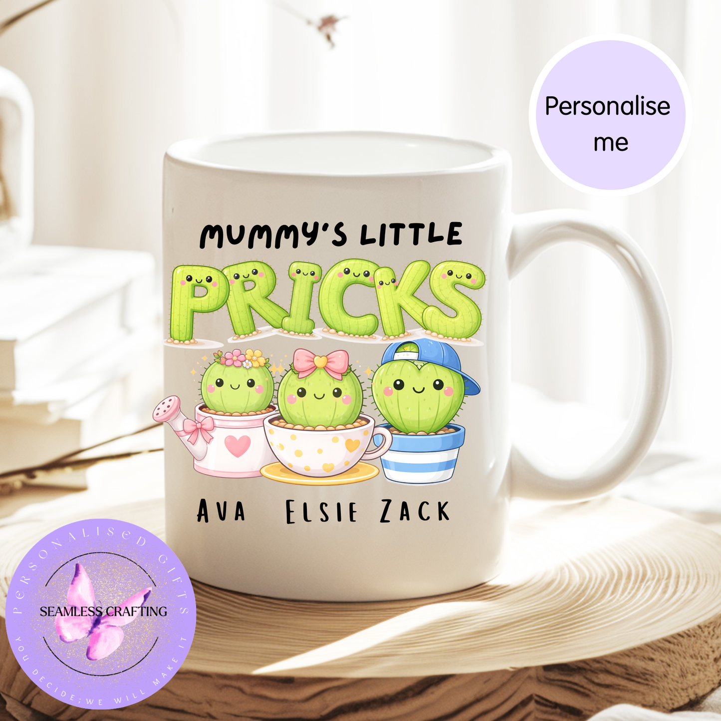 Personalised “Mummy’s Little Pricks” Mug – Custom Cactus Family Coffee Cup – Funny Gift for Mum – Mother’s Day Present UK