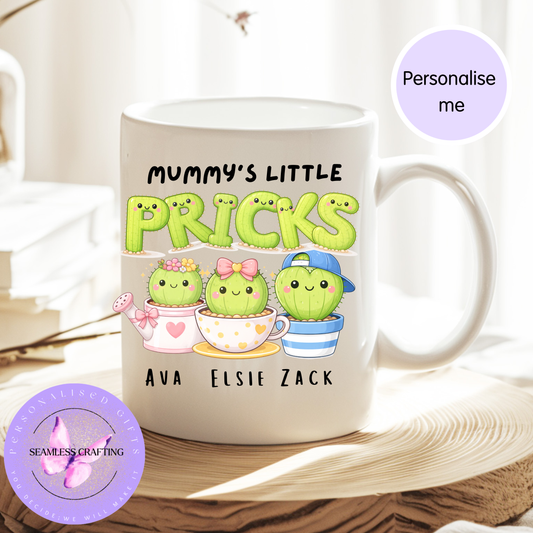 Personalised “Mummy’s Little Pricks” Mug – Custom Cactus Family Coffee Cup – Funny Gift for Mum – Mother’s Day Present UK