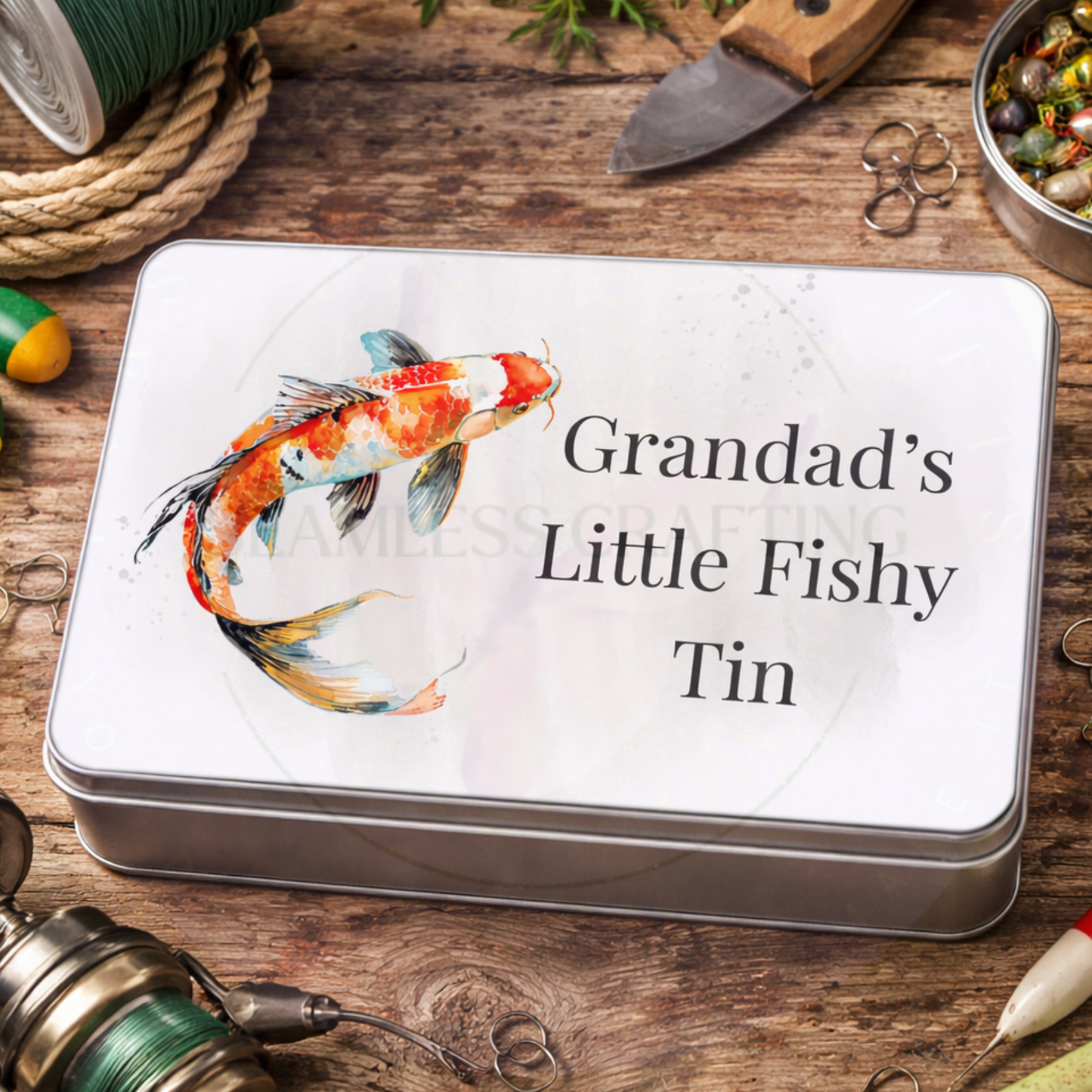 Personalised fishing tin with koi fish design custom name gift