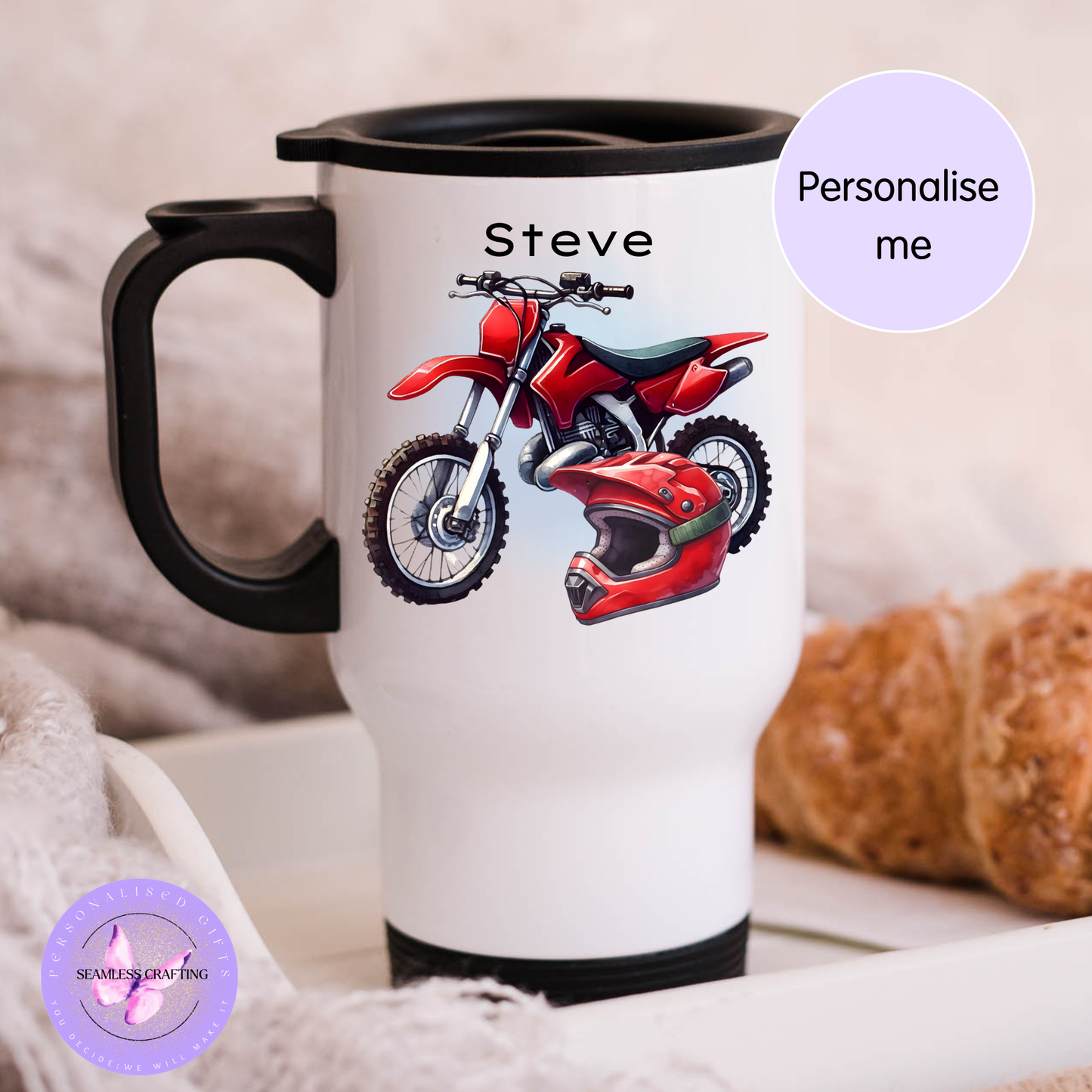 White mug with red motorcycle and helmet design, personalized with 'Steve', on a soft beige background.