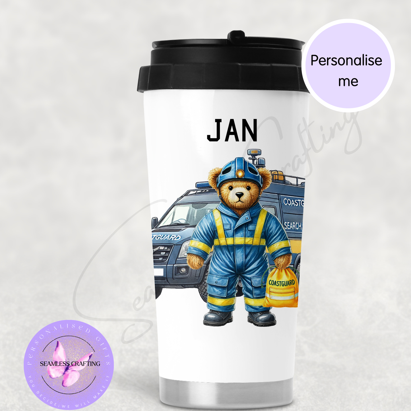Personalised Coastguard Bear Mug or Travel Mug – Custom Name Search and Rescue Gift