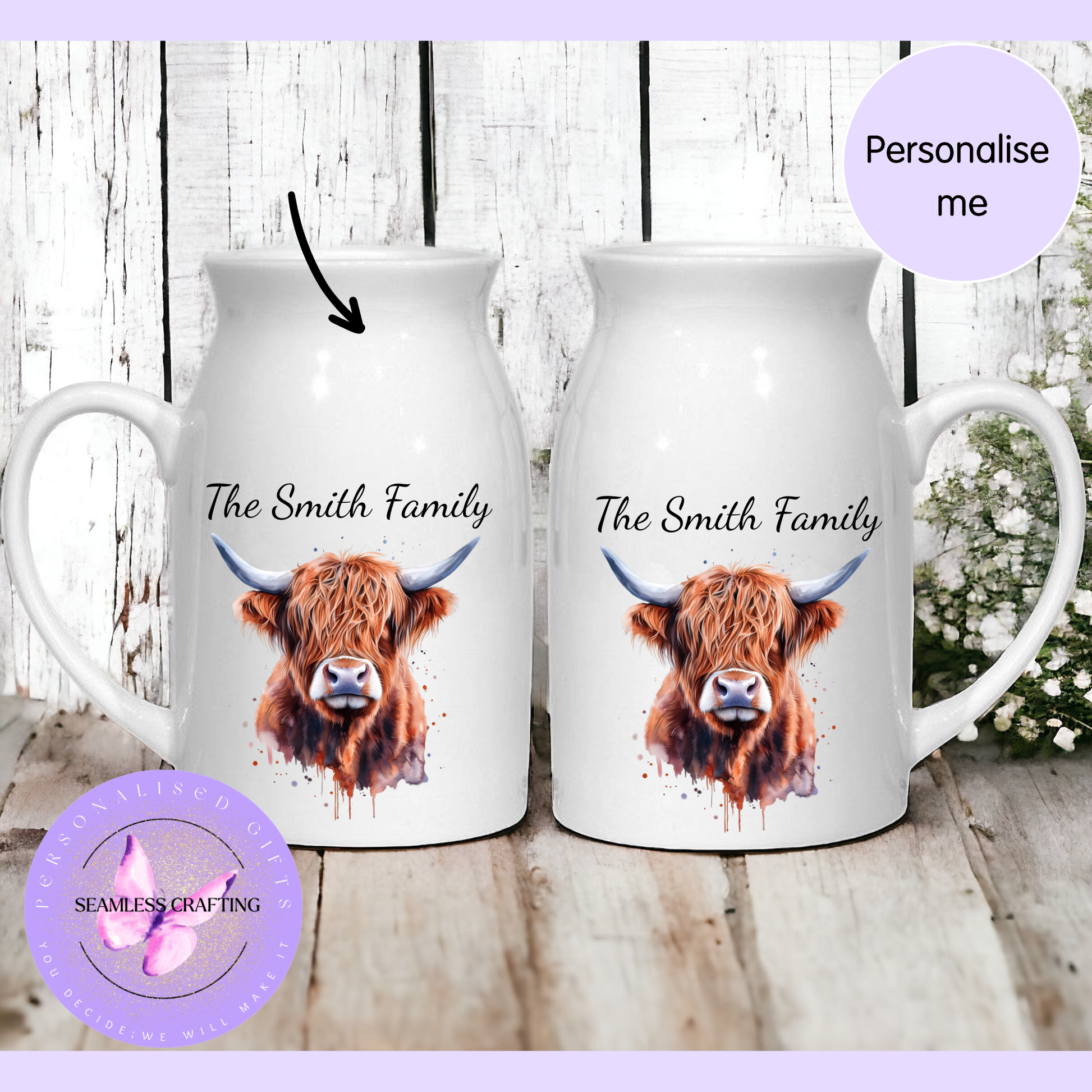 Personalised Highland Cow jug benefits including custom text, next day shipping and UK small business printing