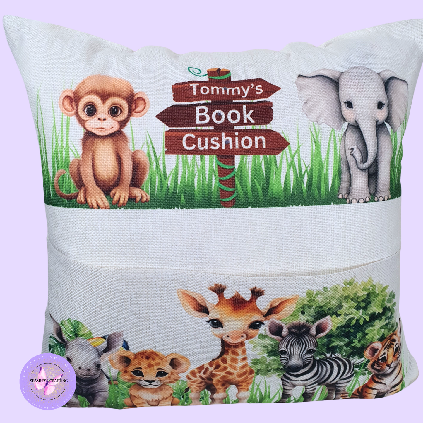 Personalised safari animal cushion for kids. Handmade linen book pocket pillow, perfect for jungle nursery decor or reading corner. Made in the UK.