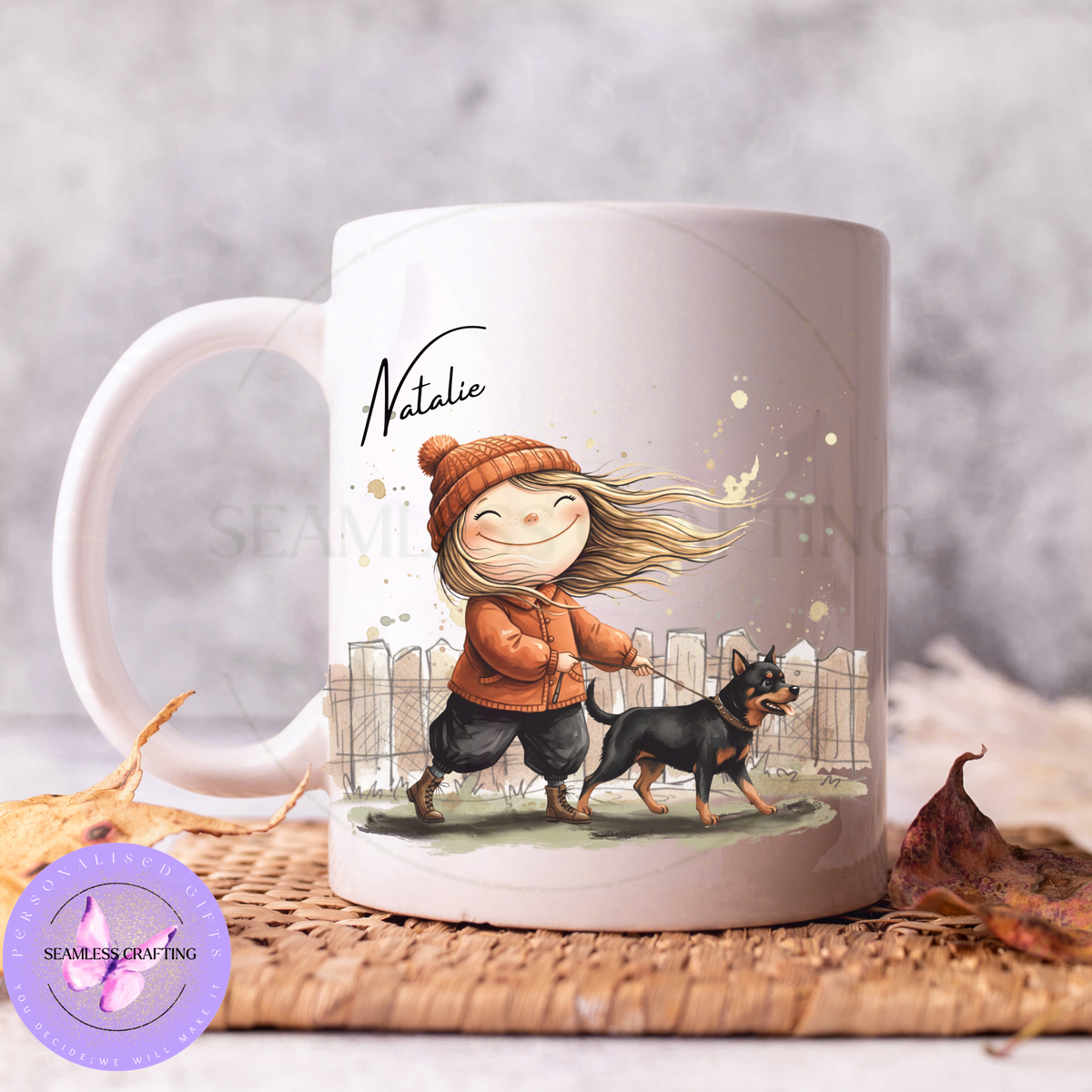 Personalised ceramic dog walker mug with custom name and dog