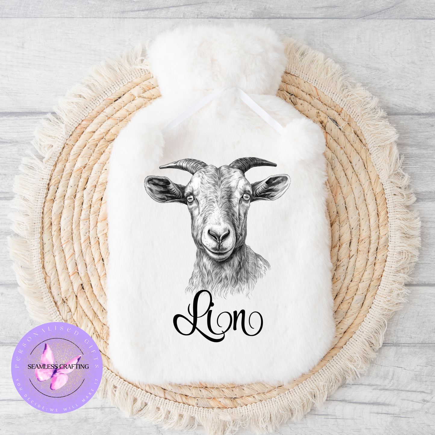 Personalised Sketch Animals Faux Fur Hot Water Bottle – Custom Name Gift | 2L | Highland Cow, Bunny, Dog, Cat