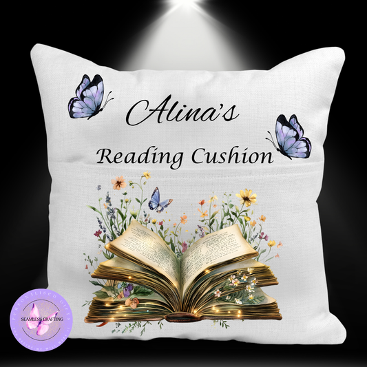 Personalised Butterfly Reading Cushion with Pocket – Book Lover Gift, Linen Canvas Cushion for Readers, Custom Name Book & Butterfly Decor