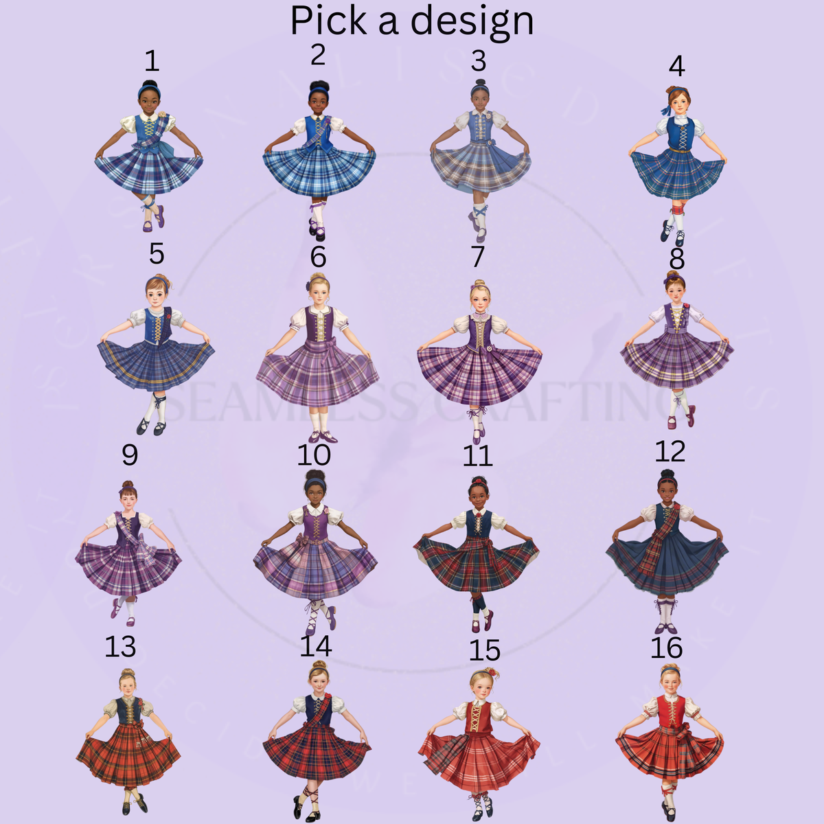 Selection chart showing 16 girls’ Highland dance designs in blue, purple and red tartan costumes