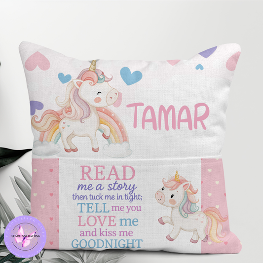Personalised Unicorn Reading Cushion for Kids – Custom Name Bedtime Pillow with Pocket | Read Me a Story Cushion | Girls’ Gift | Nursery Decor UK