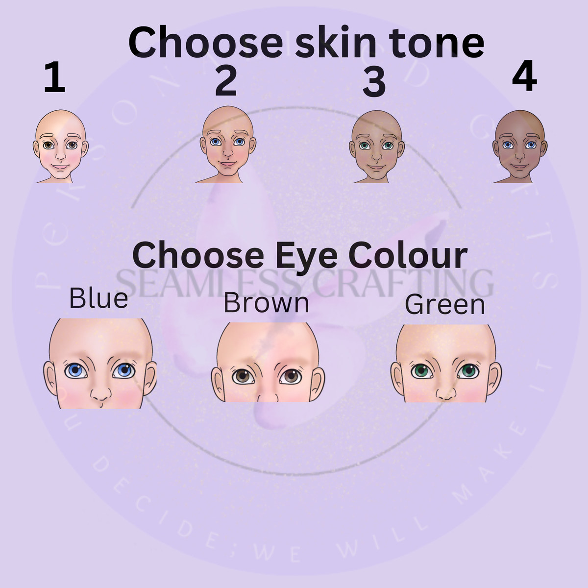 Custom kickboxer character options showing four skin tones and blue brown or green eye colours