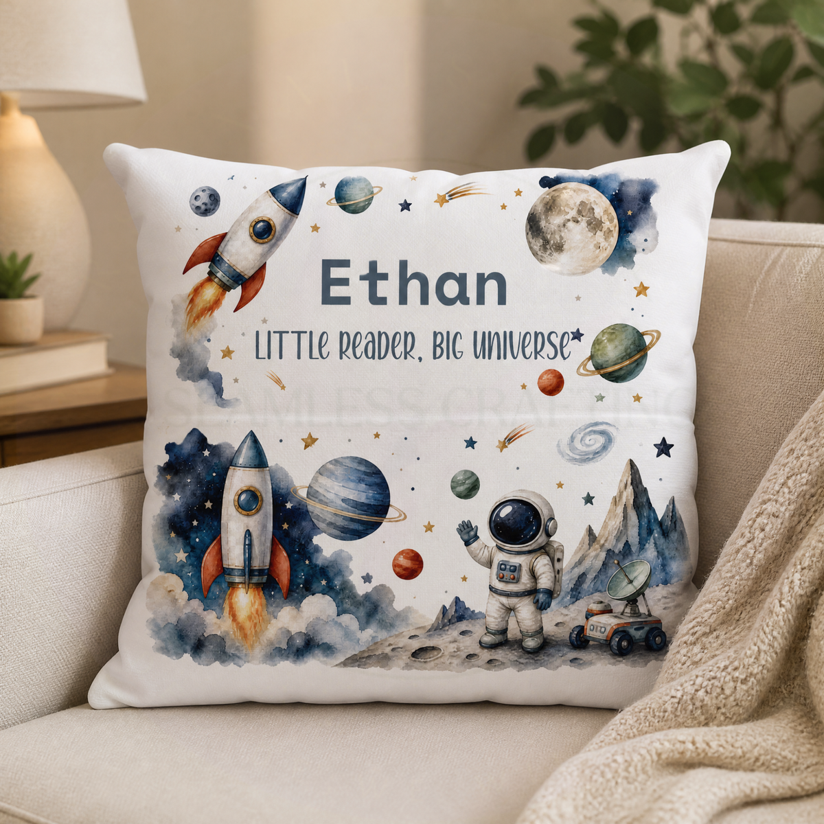 Personalised children's space cushion with rocket astronaut moon planets and name Ethan