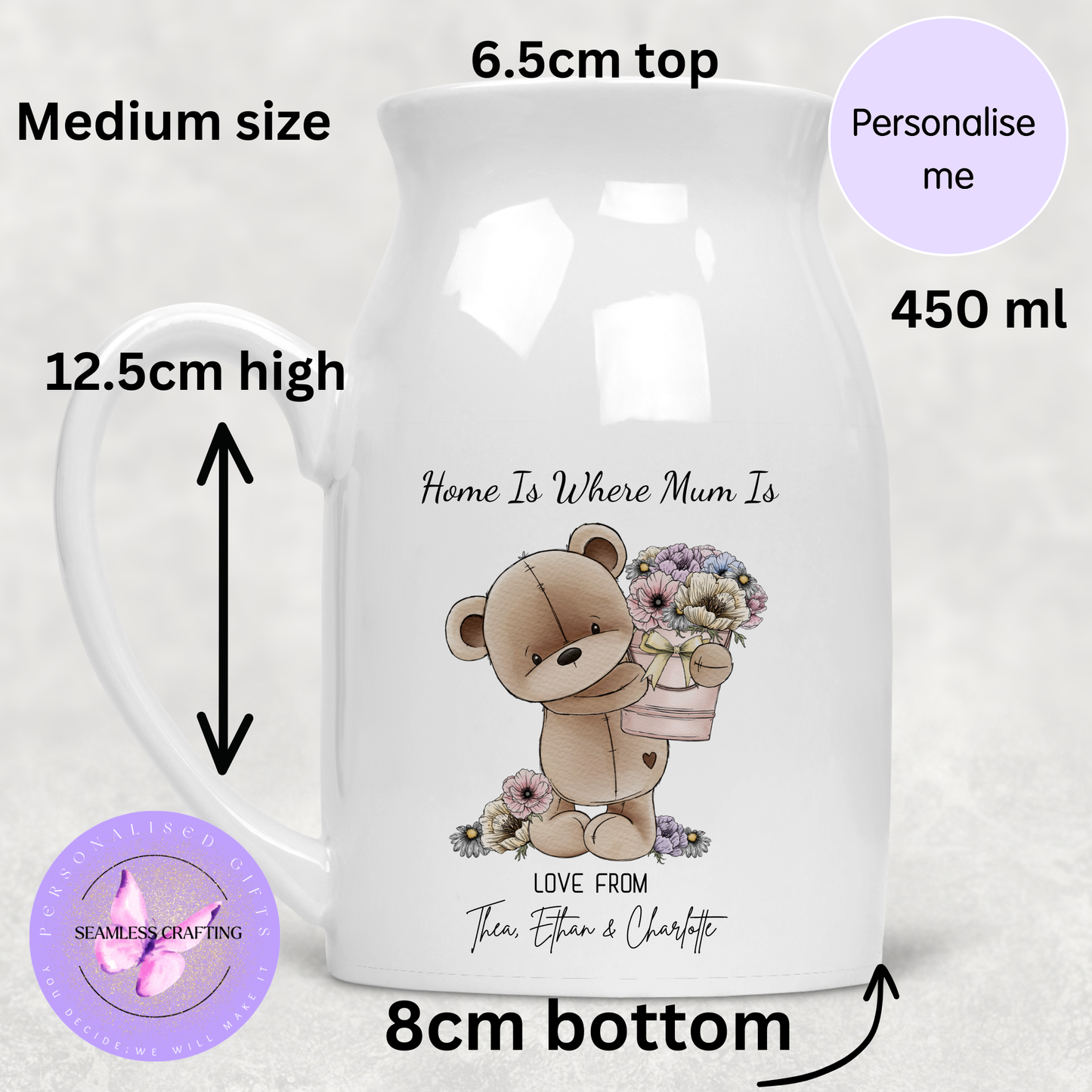 Personalised Mum Ceramic Jug – Home Is Where Mum Is Vase – Custom Mother’s Day Gift from Kids – Teddy Flower Design