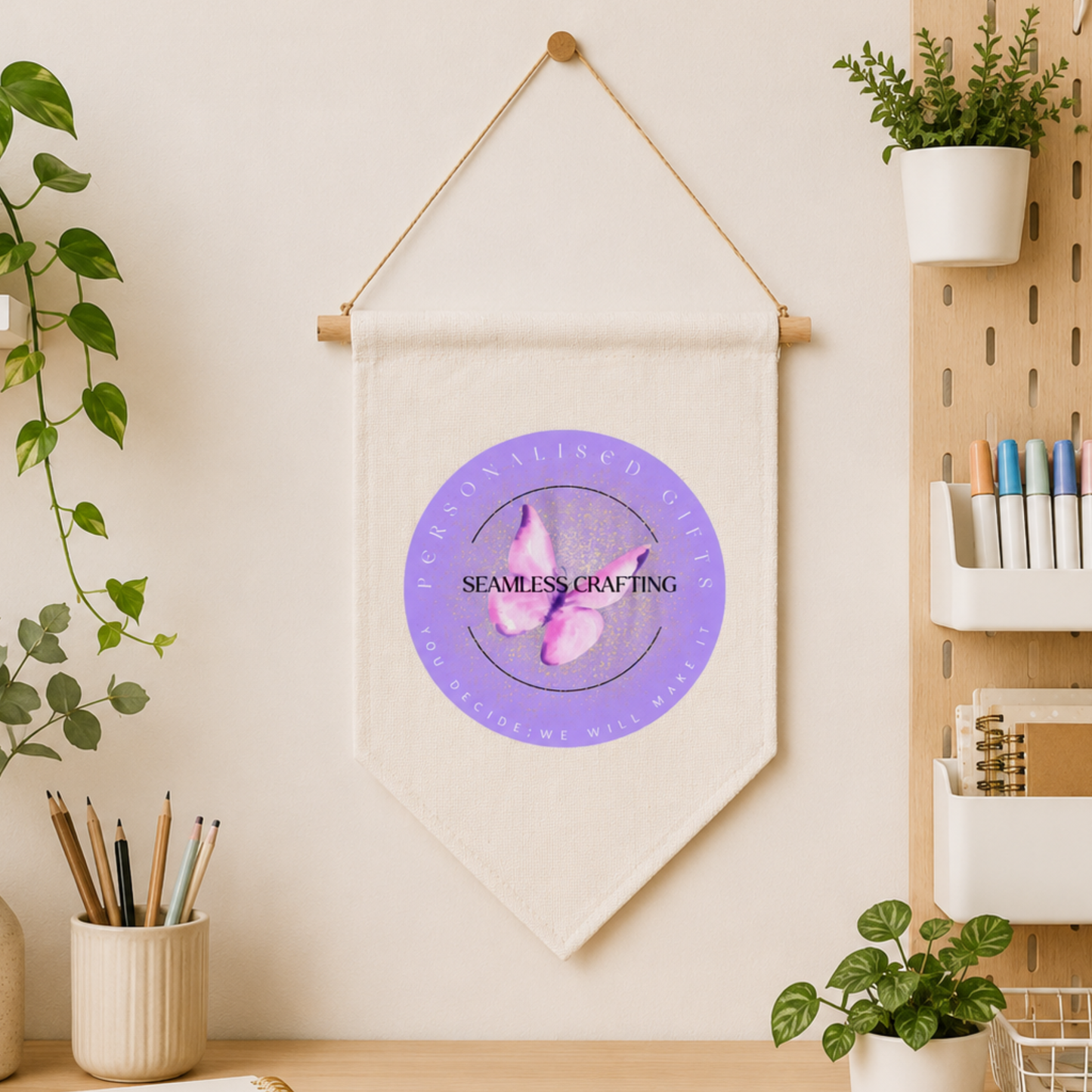 Branded linen wall banner with company logo hanging above wooden desk