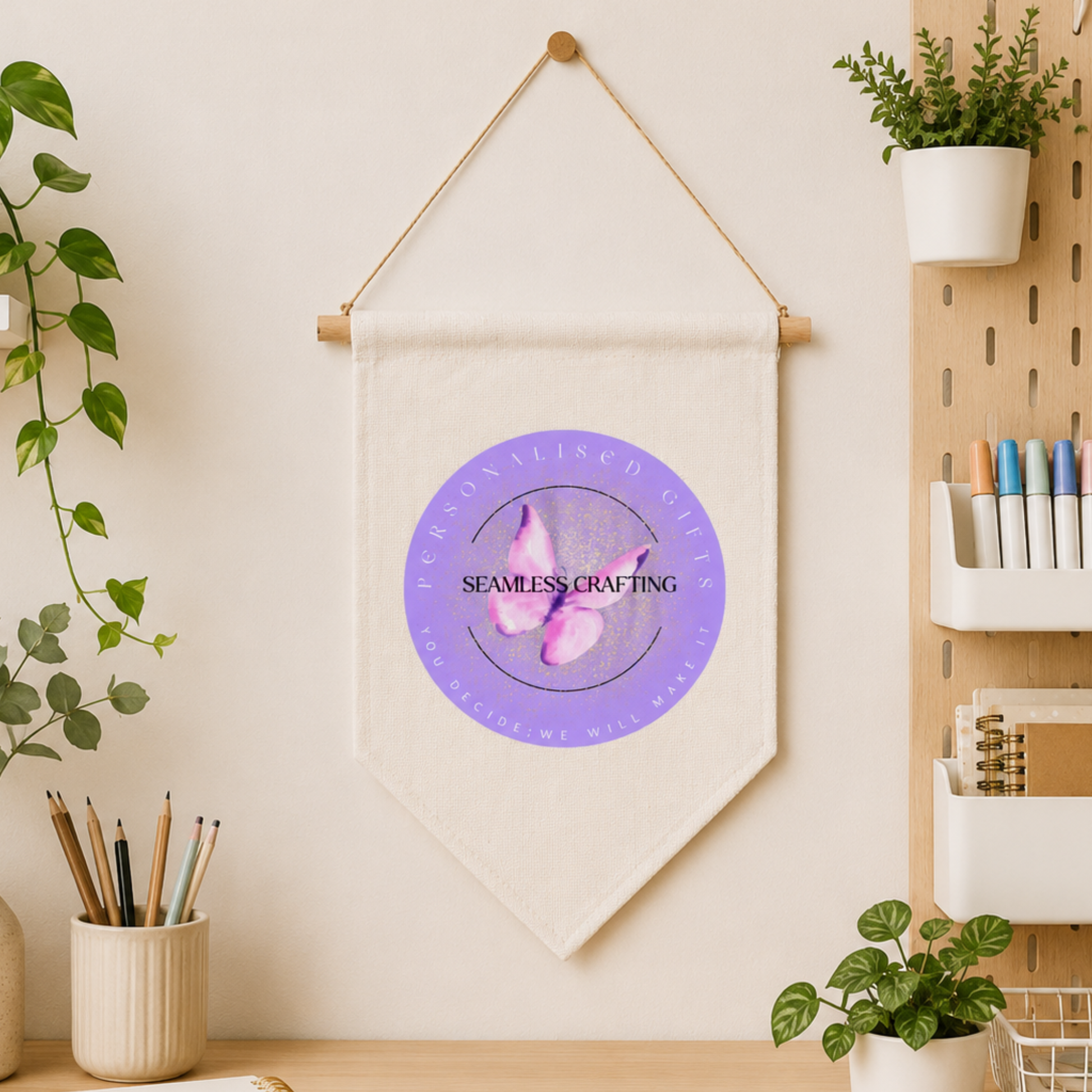 Branded linen wall banner with company logo hanging above wooden desk