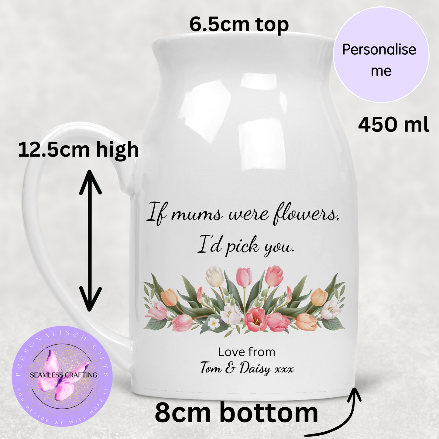 Personalised Flower Jug Gift for Mum | Custom Mother’s Day Jug Vase | “If Mums Were Flowers I’d Pick You” | Personalised Ceramic Jug with Names UK