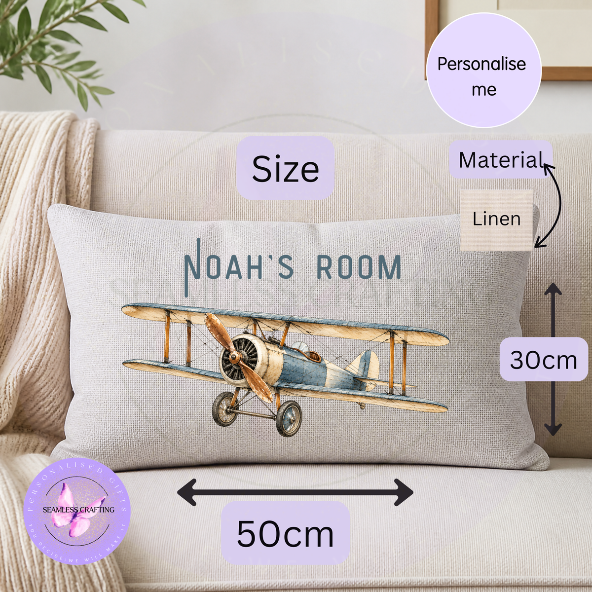 Personalised vintage aeroplane cushion 50x30cm in linen with custom name and biplane design