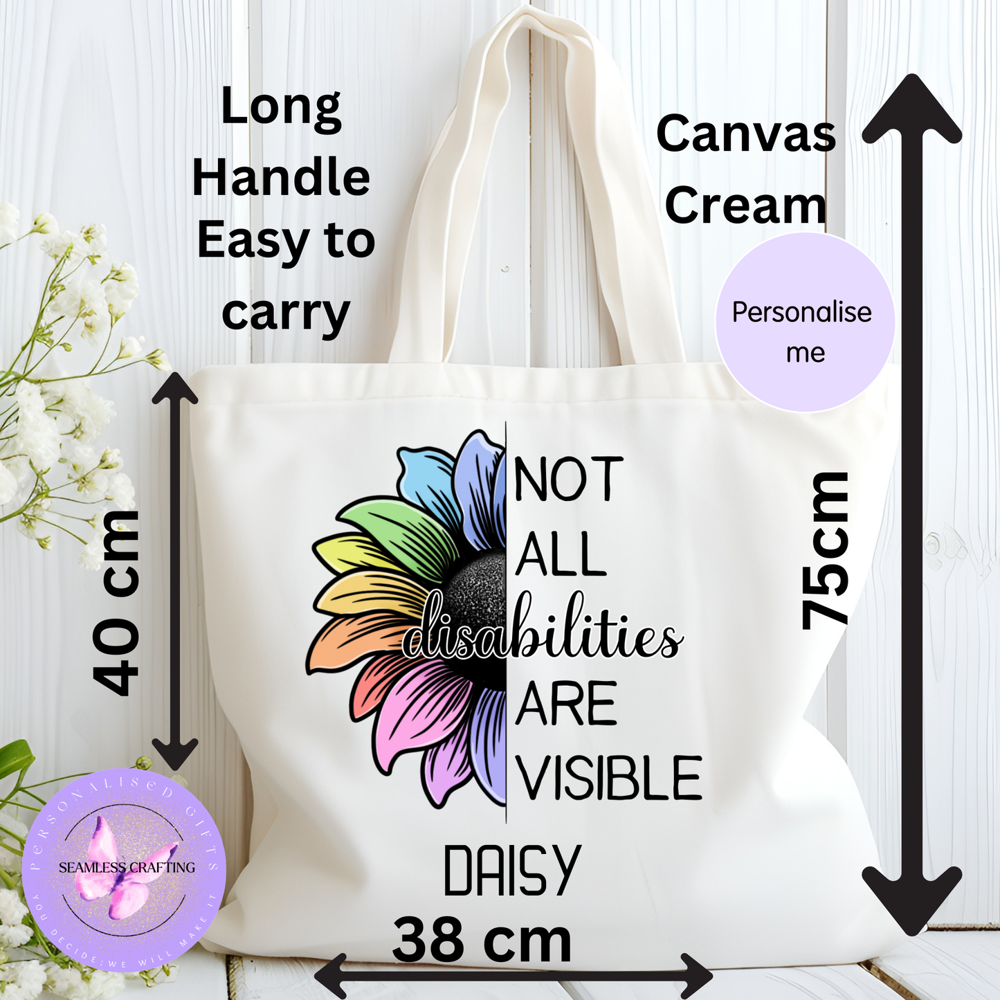 Invisible disability awareness shopper bag with colourful floral design