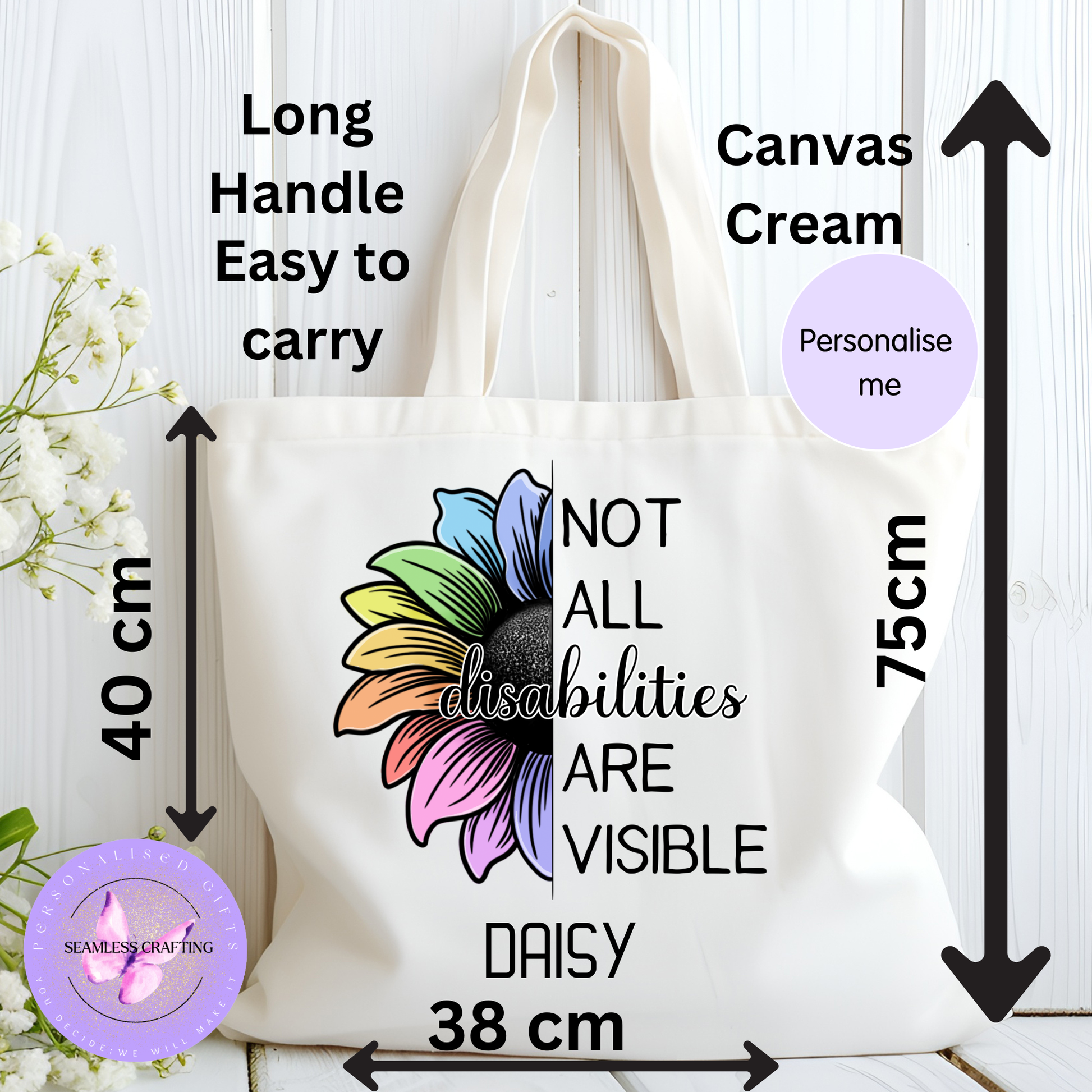 Invisible disability awareness shopper bag with colourful floral design