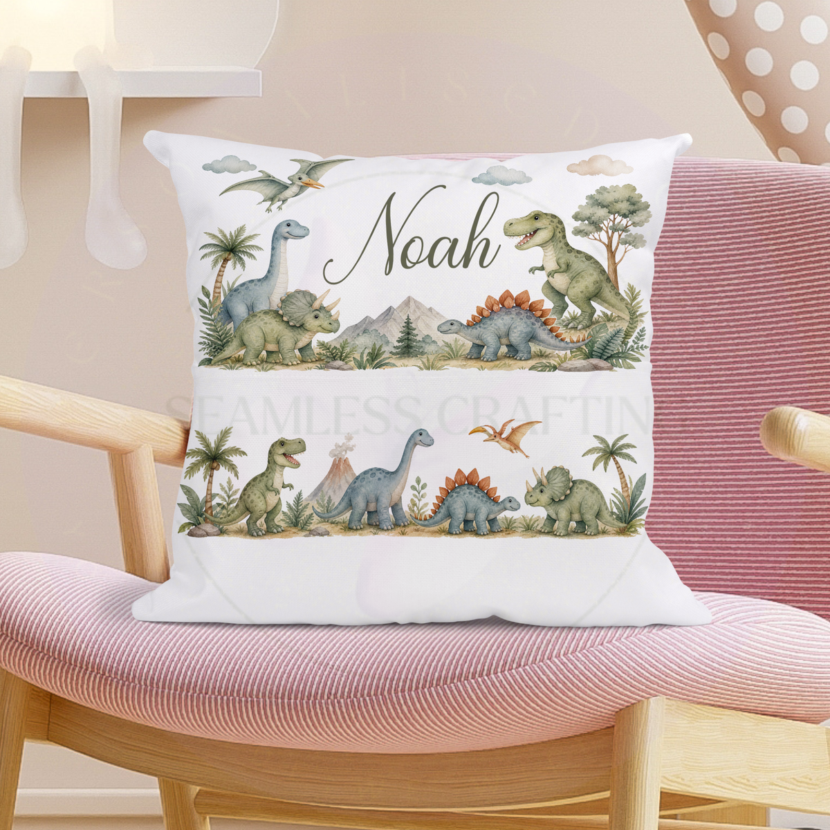 Dinosaur reading cushion displayed on chair in children's bedroom