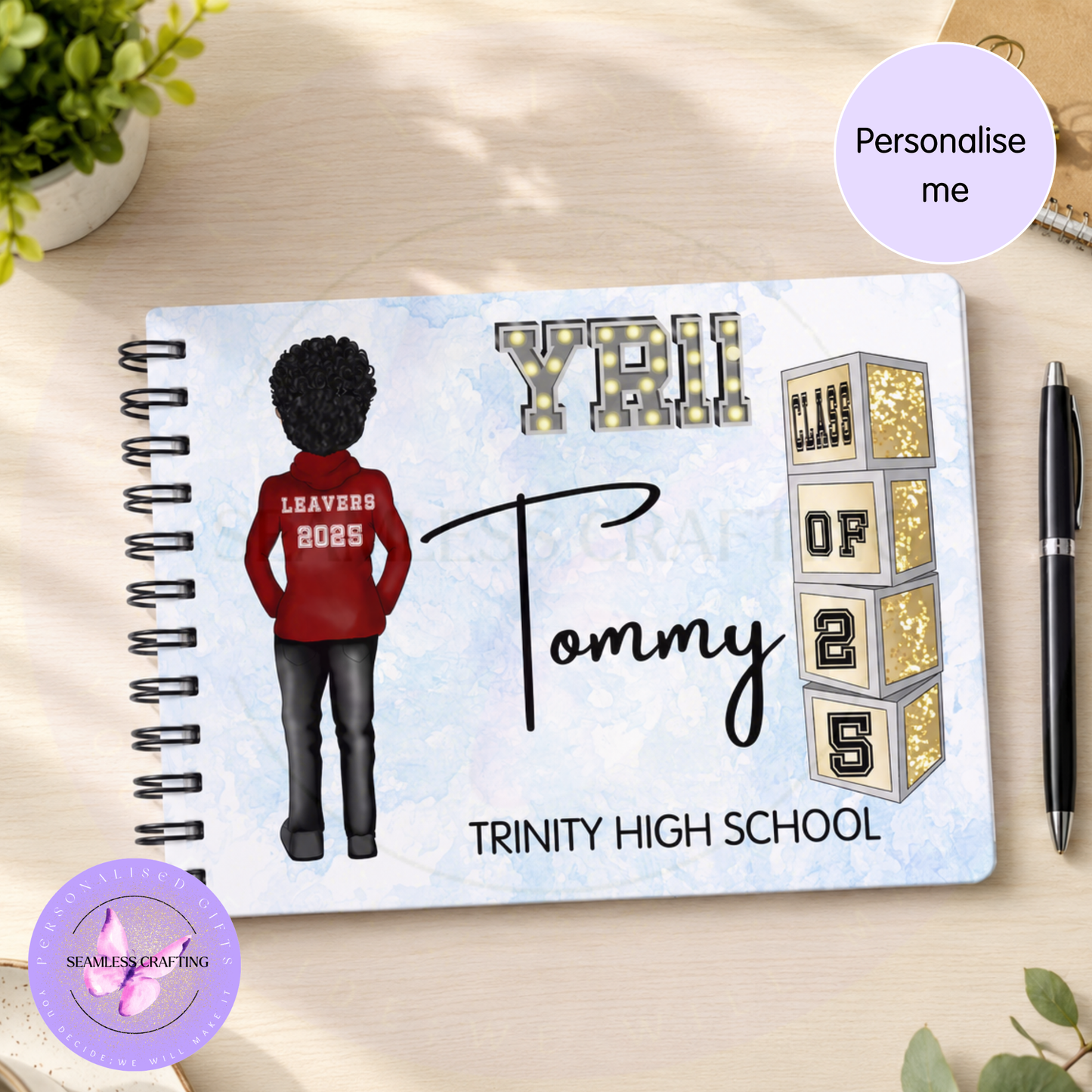 Size guide for personalised school leavers signing notebook