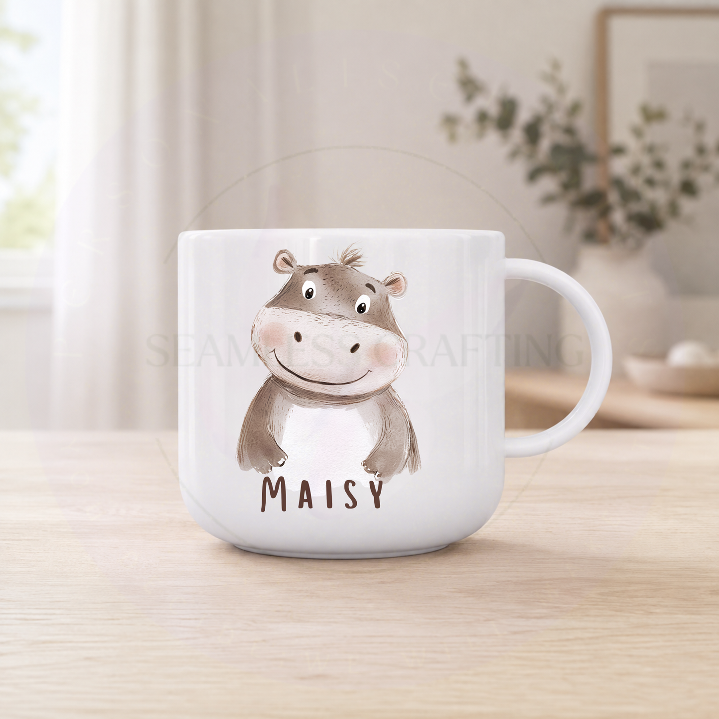 Personalised children's mug with cute hippo character and name Maisy