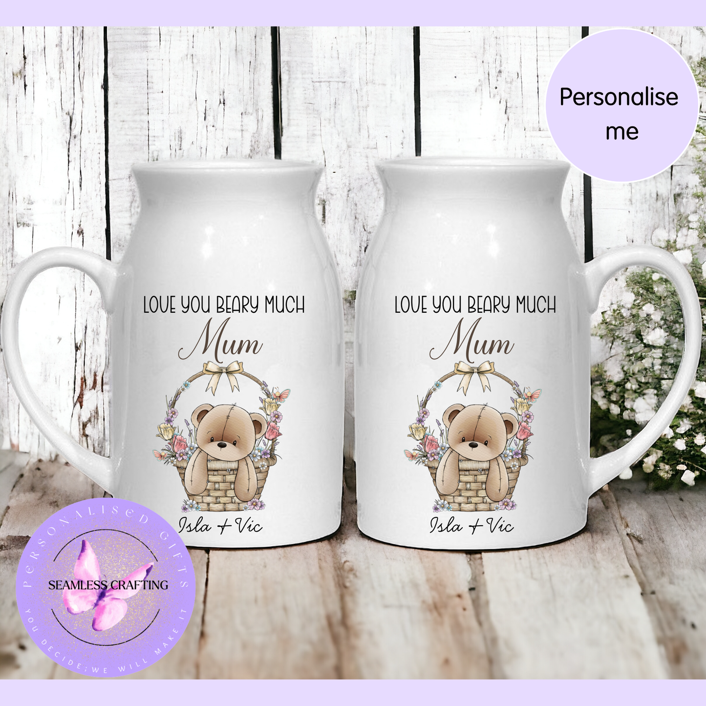 Personalised Flower Jug Vase – Custom Name Gift, Love You Beary Much Teddy Floral Jug, Gift for Mum Nana Sister Friend UK