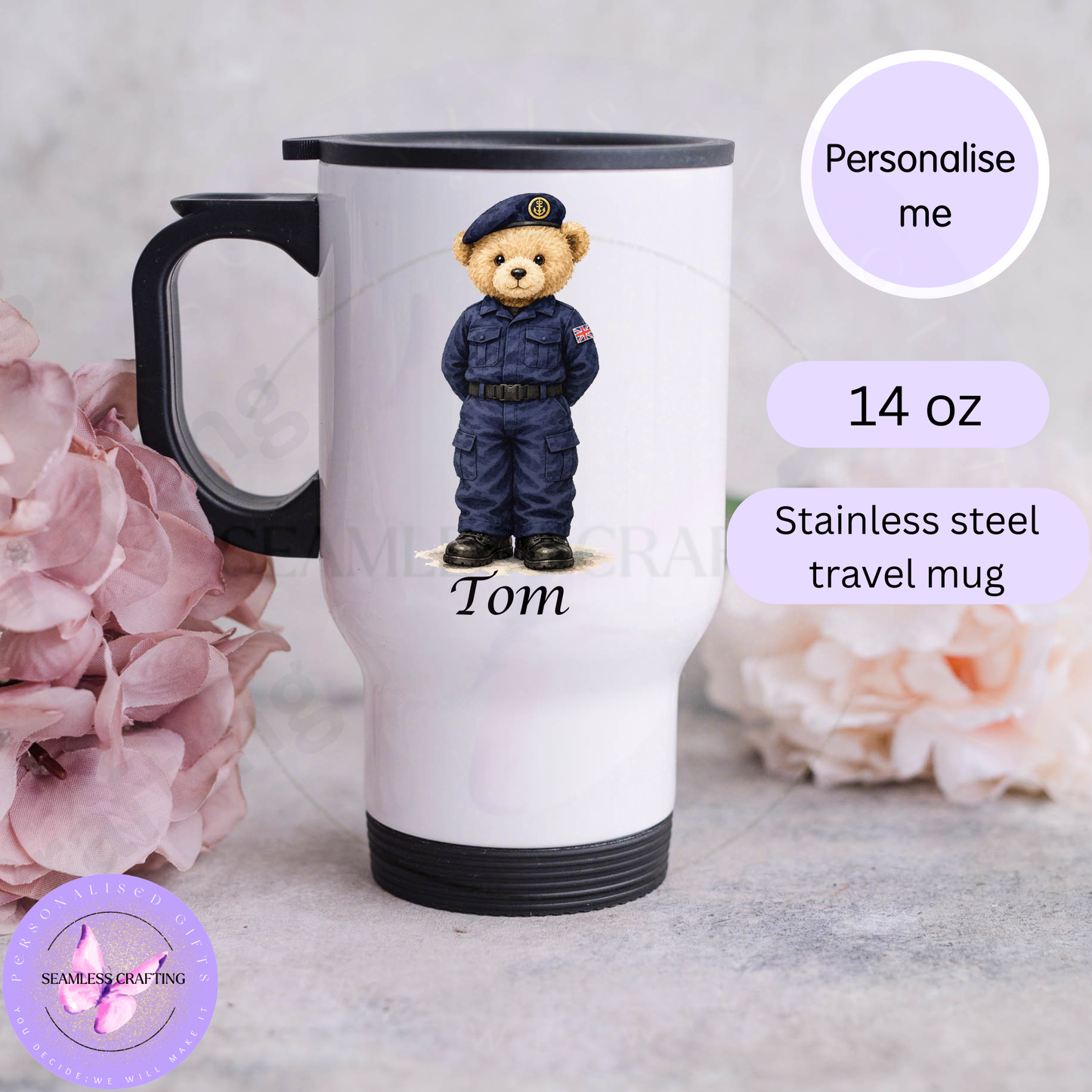 Personalised Royal Navy bear travel mug with custom name on 14 oz stainless steel travel mug