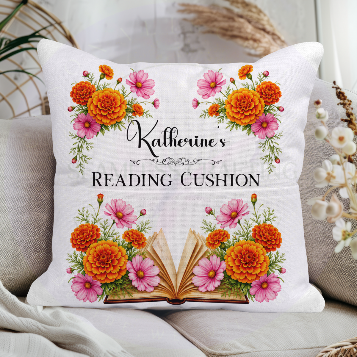 October birth flower book pocket cushion personalised with Katherine’s name