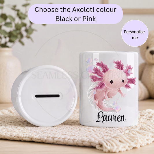 Personalised axolotl money box in black with custom name