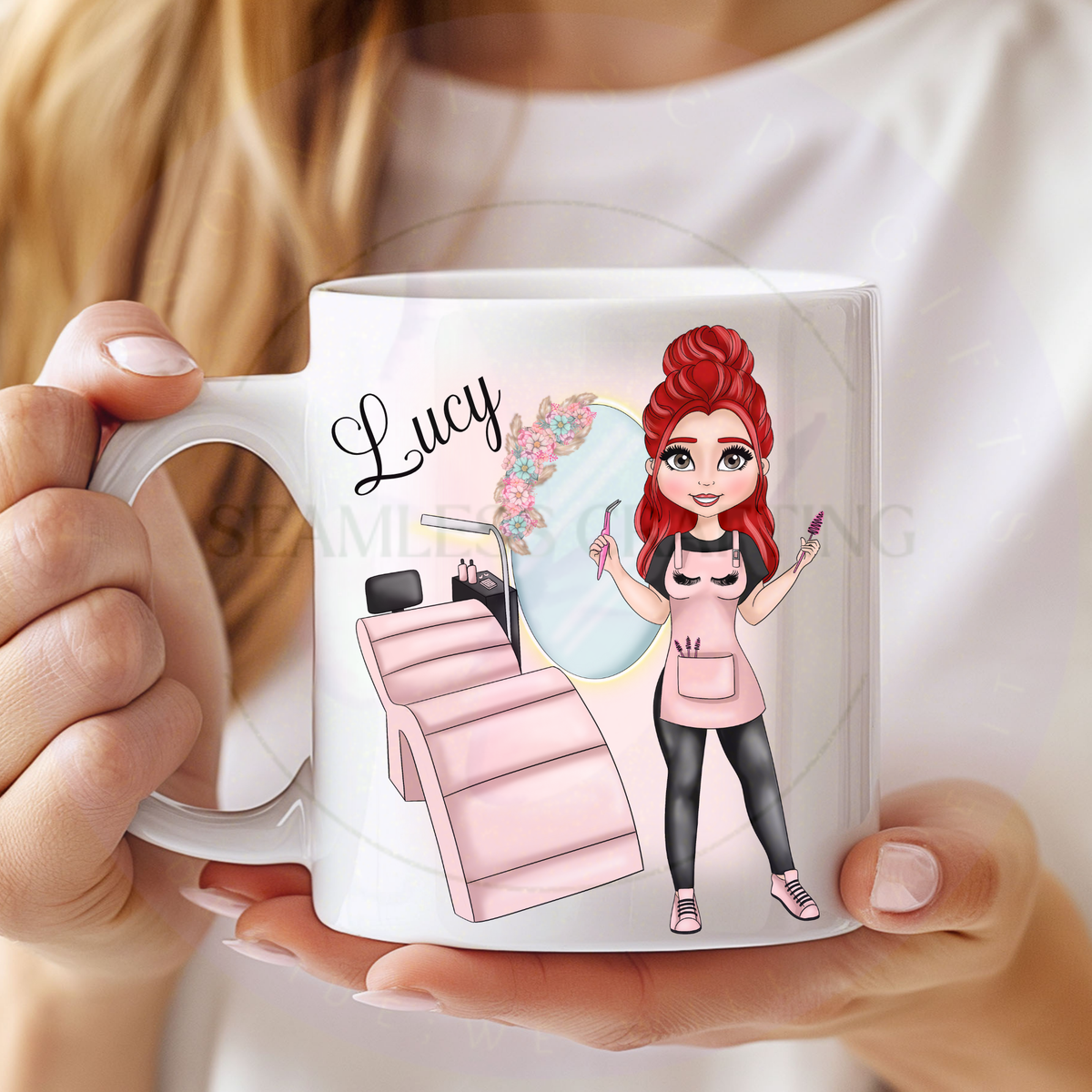 Personalised eyelash technician mug with red hair character, salon design and name Lucy