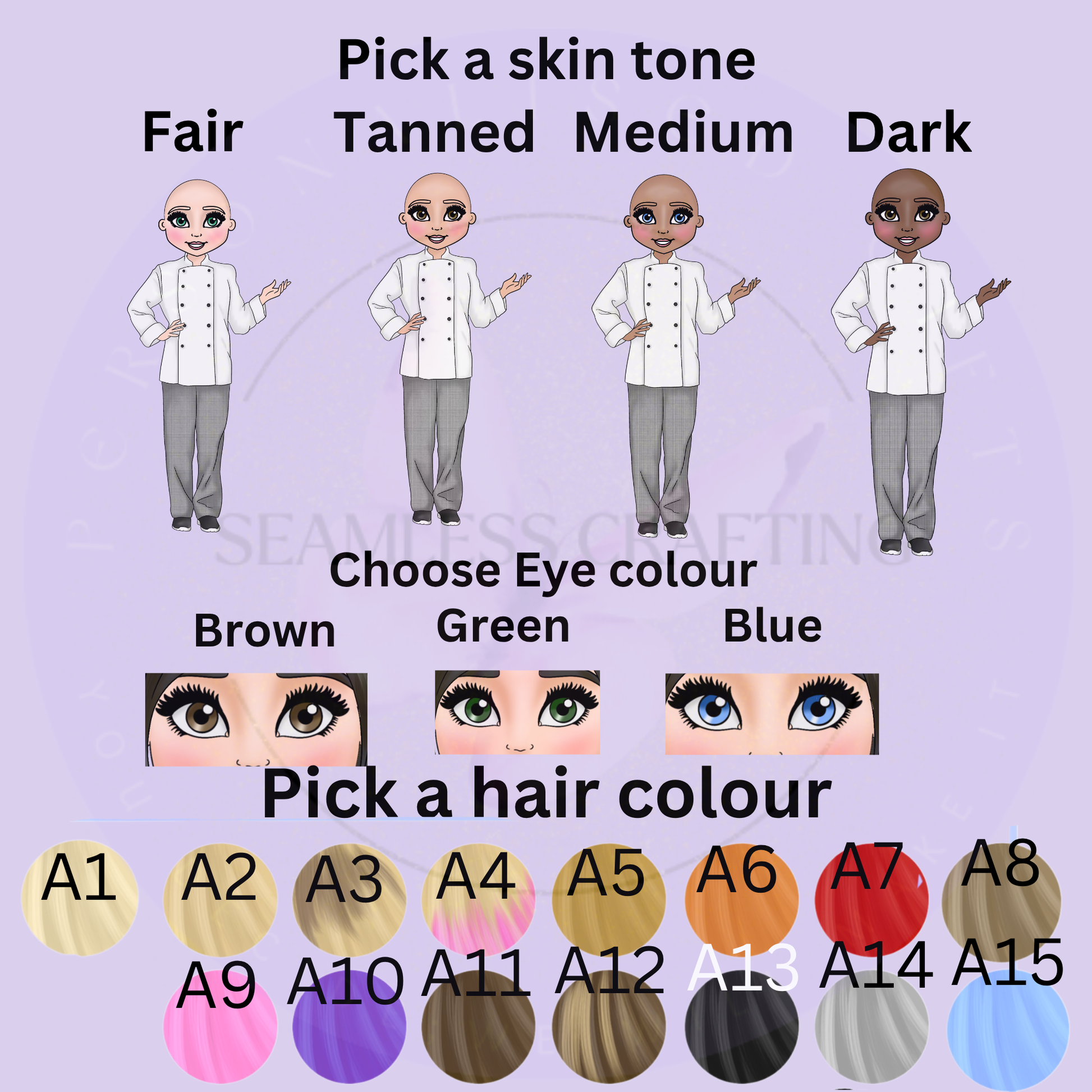 Personalised chef chopping board showing custom name skin tone eyes hair and apron