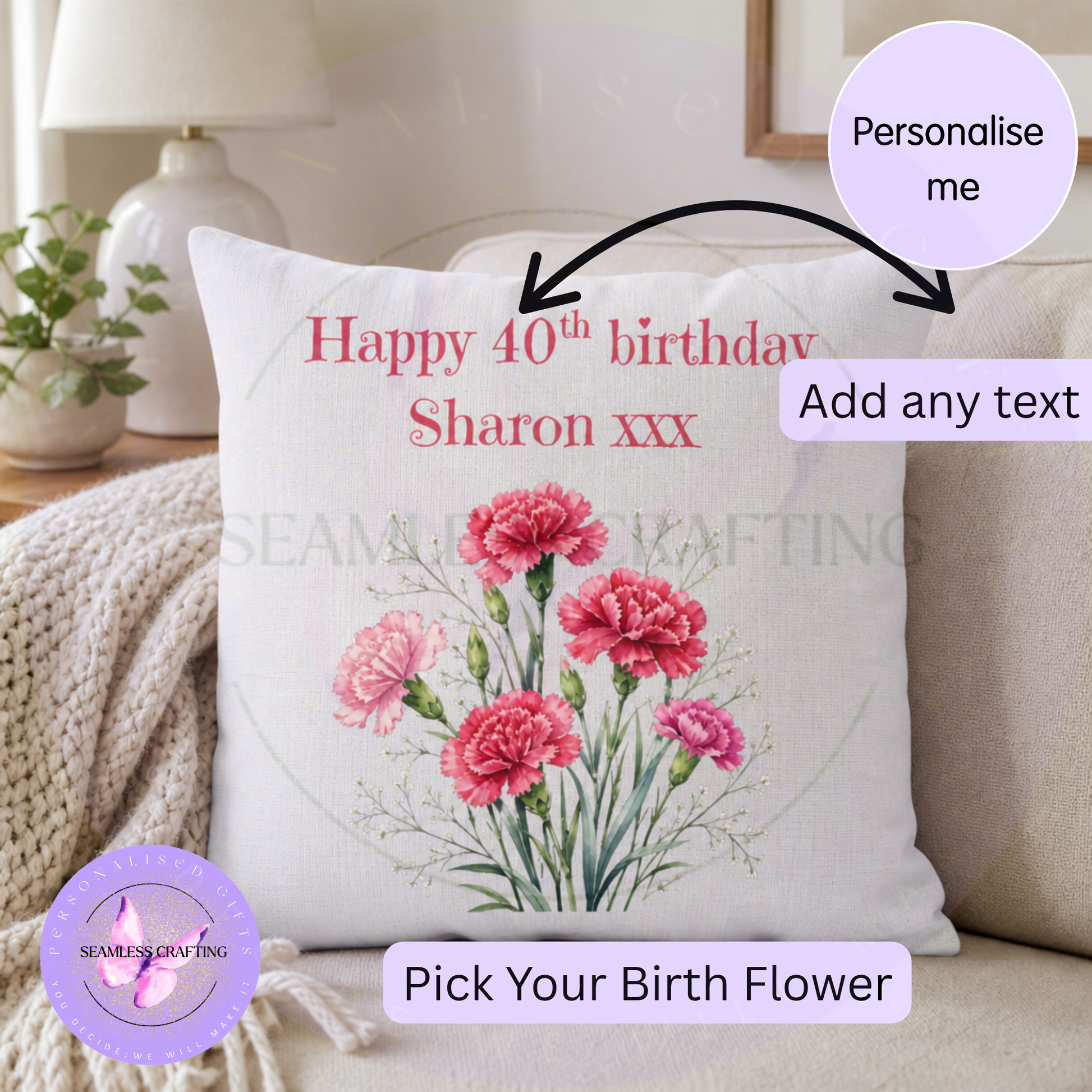 Personalised January carnation birth flower cushion with custom 40th birthday message