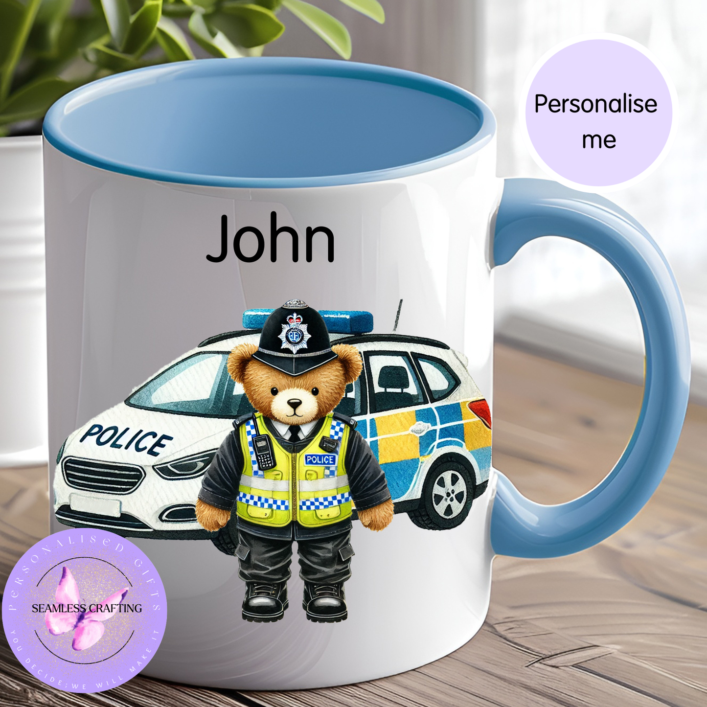 Police officer gift mug with custom name and teddy bear illustration